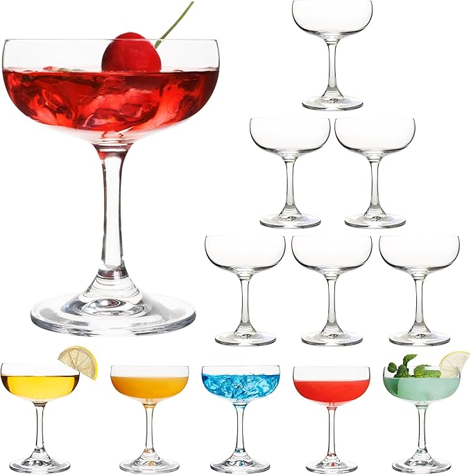 QOWOEO Set of 12 - Champagne Coupe Glasses, 7 Oz Clear Cut Rim Martini Glass with Short Stable Base, Ideal for Parties, Bi...
