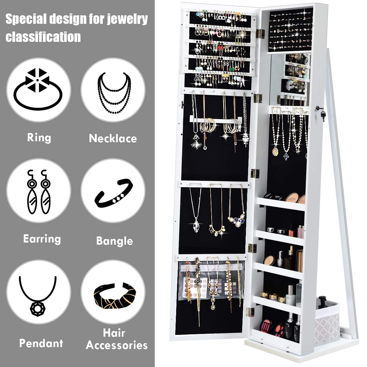 OFFICEJOY Standing Jewelry Armoire w/Full Length Mirror & Inside Mirror, Lockable Jewelry Cabinet Organizer w/Stable Base, Mirrored Jewelry Cabinet Organizer for Necklace, Ring, Earring Cosmetic