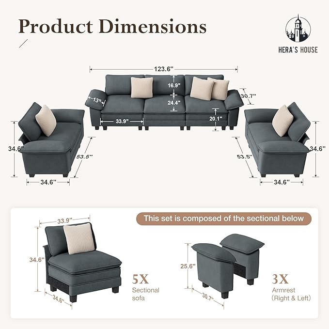 HERA'S HOUSE 3 Pieces Modular Sectional Sofa Sets, Oversized Couch Set with Loveseat and Armchairs, Comfy Cloud Couches with Throw Pillows, 5-Seater Deep Seat Sofa for Living Room, Chenille Blue