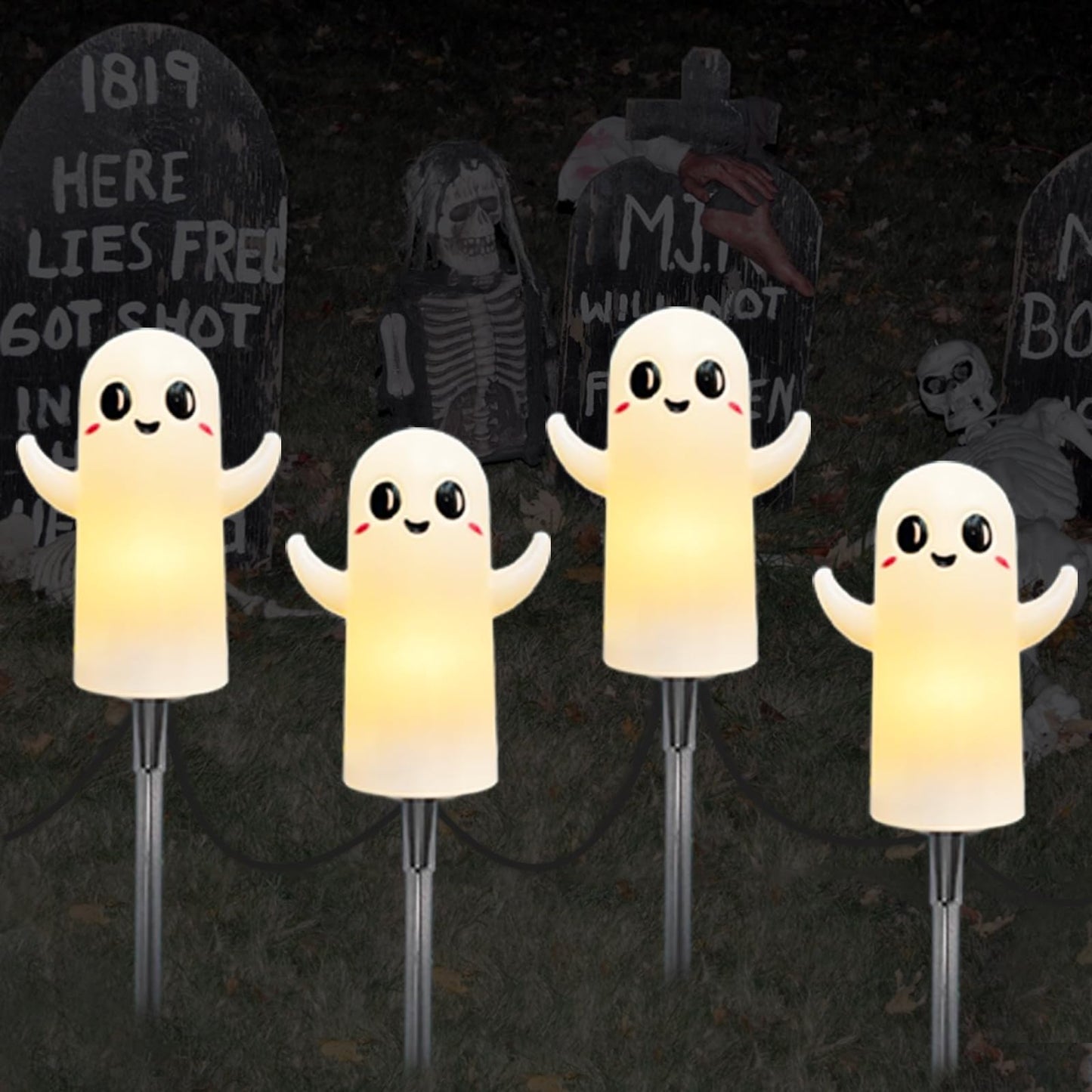 CHYParty Halloween Ghost Pathway Lights Outdoor, C7 Pathway Lights, 7 FT White Ghost Lights Connectable Pathway Lights for Walkway Driveway Yard Garden Lawn Sidewalk Party Decorations