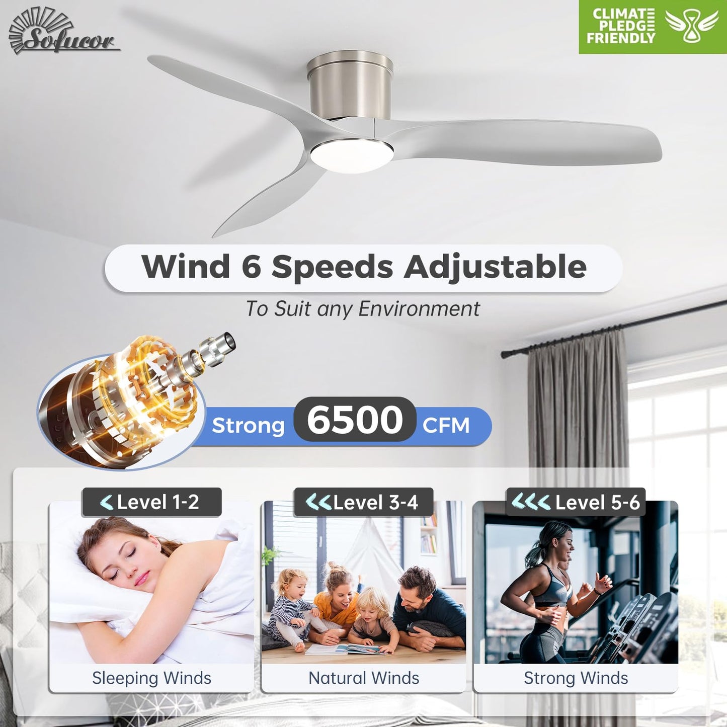 Sofucor 52 Inch Smart Ceiling Fan with Lights, Modern Low Profile Flush Mount Ceiling Fan with 6500CFM, Compatible with Alexa/Google/App, 3 Plastic Blade, Dimmable Timer Reversible DC Motor, ETL, ABS