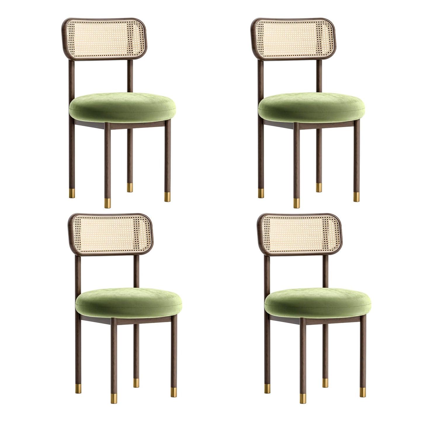 HoeuThien Upholstered Rattan Dining Chairs Set of 4, Mid Century Modern Kitchen Chairs with Curved Back and Solid Wood Legs Armless Accent Chair for Living Room Bedroom Restaurant, Walnut/Green Velvet