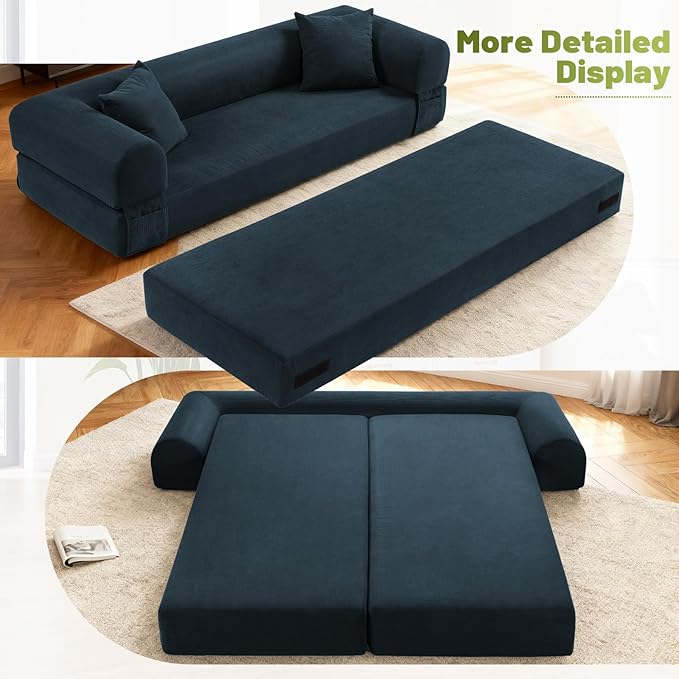 GJQ Convertible Futon Sofa Bed,80" Folding Pull Out Couch with Pillows & Storage Pocket, Oversized Queen Sleeper Sofa in a Box,Corduroy Boneless Couch for Living Room,Navy Blue