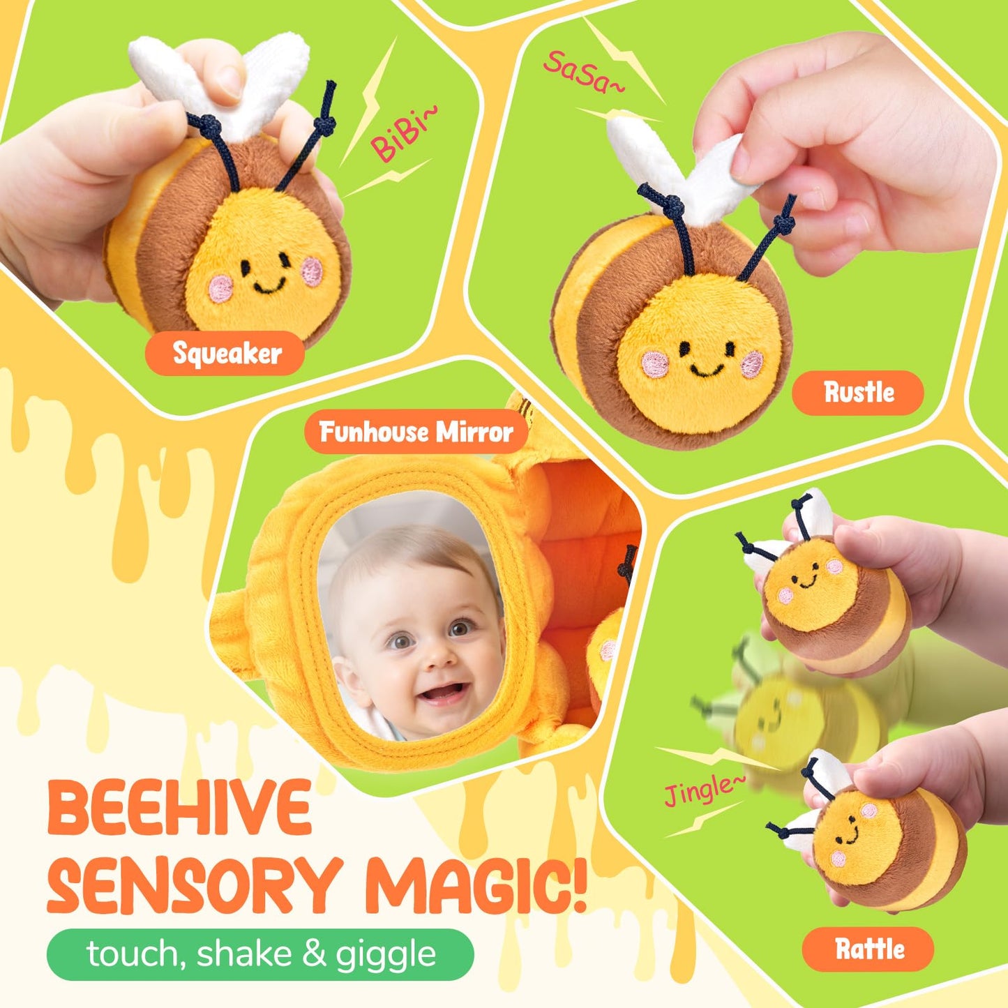 JoyCat Baby Toy for 6-12 Months, Fun Beehive with 5 Stuffed Sensory Bees, Crinkle, Rattle, Mirror, Montessori Toys for 6-9 Months Old Babies, Infant Toys Baby Shower Birthday Gift