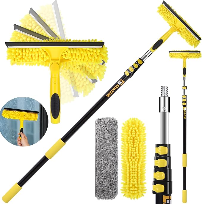 370'' Long Reach Window Squeegee with Telescoping Extension Pole, 2-in-1 Indoor/Outdoor Cleaning Tool with 270° Rotatable Head, Lightweight Alloy Aluminum Pole for Shower Door, Mirror, Car Windshield