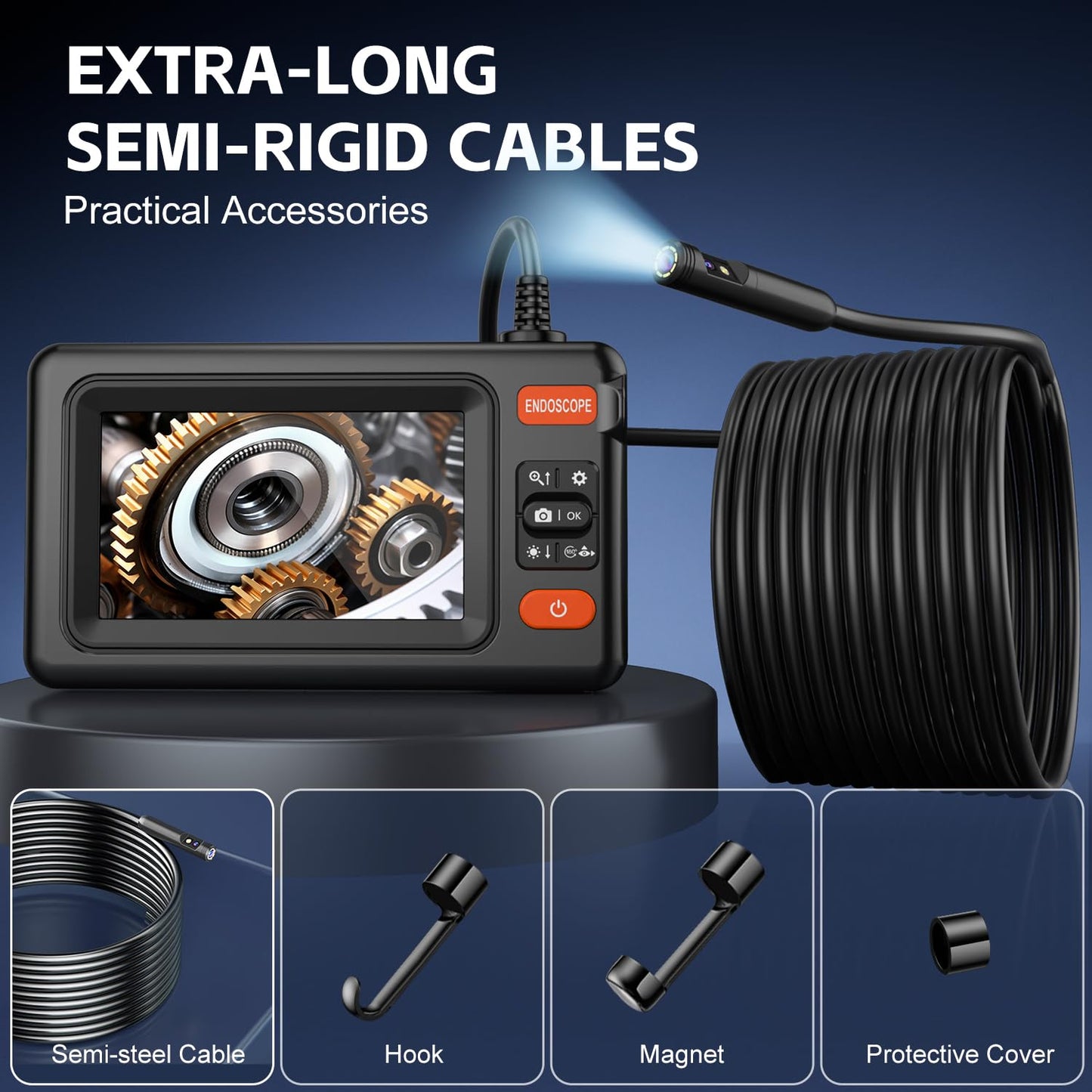 VXGDOE Dual Lens Endoscope Camera with Light, 1920P HD Borescope Camera with 4.3" LCD, 8 Adjustable LEDs, 16.4FT Semi-Rigid Cable & 32GB Card-IP67 Waterproof Inspection Borescope for Sewer/Drain/Pipe