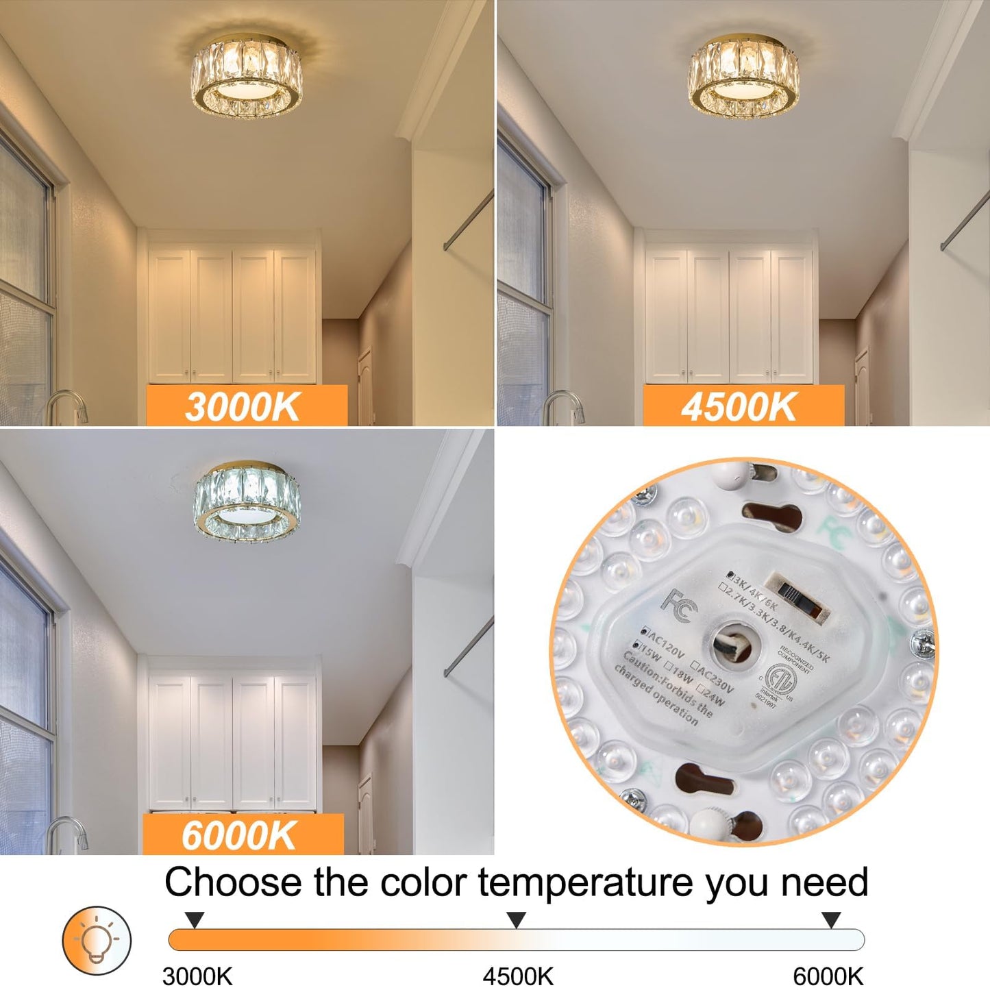 Suenigle Modern Dimmable LED Luxury Crystal Gold Flush Mount Ceiling Light Fixture,7.87 Inch 15W,3CCT,mini Round Close to Ceiling Chandelier for Hallway,Kitchen,Laundry Room,Entryway