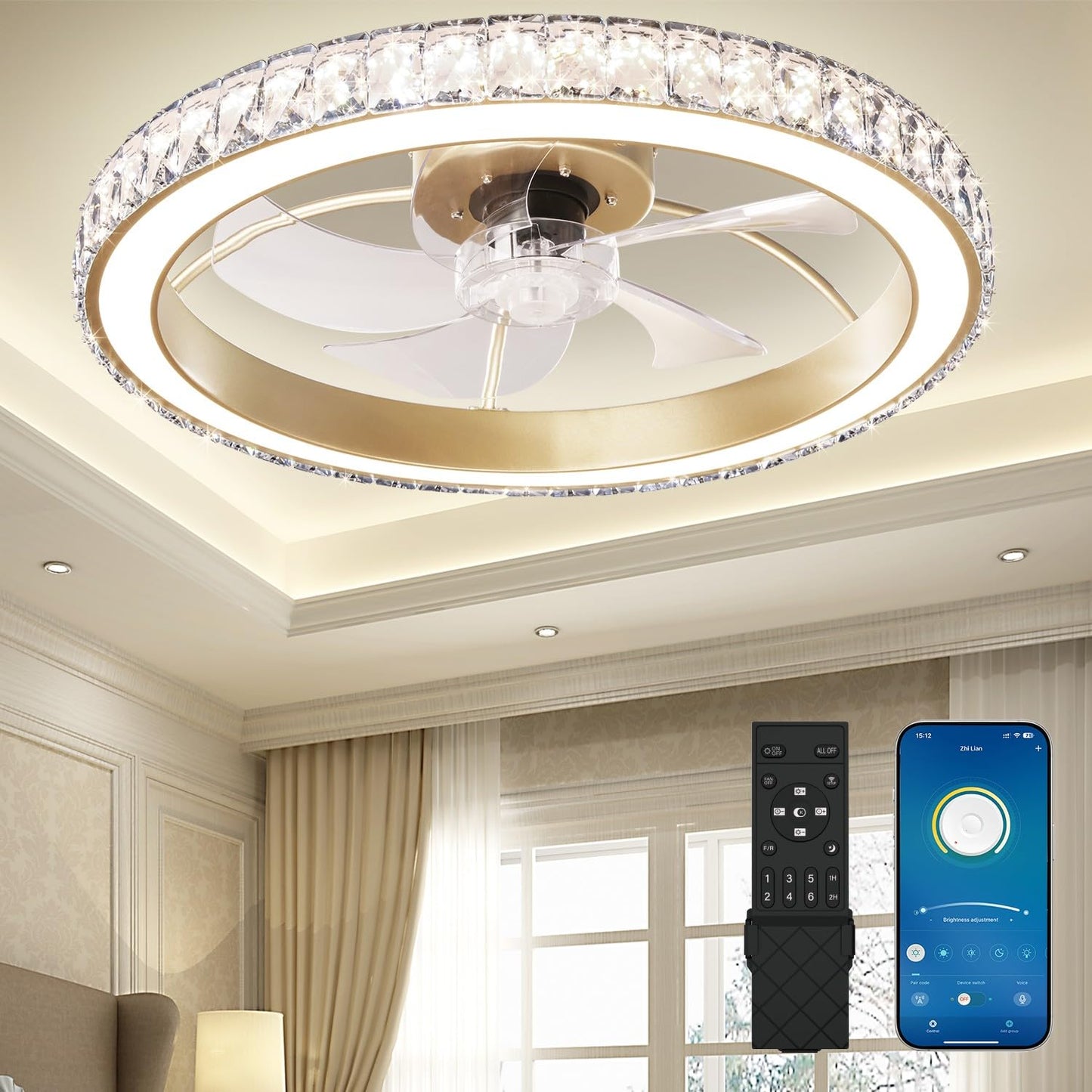 Aipsun Low Profile Modern Crystal Chandelier Ceiling Fans with Lights and Remote, 3000K-6500K Smart Bladeless LED Fan Light, 22" Gold Modern Ceiling Fans with Lights for Bedroom