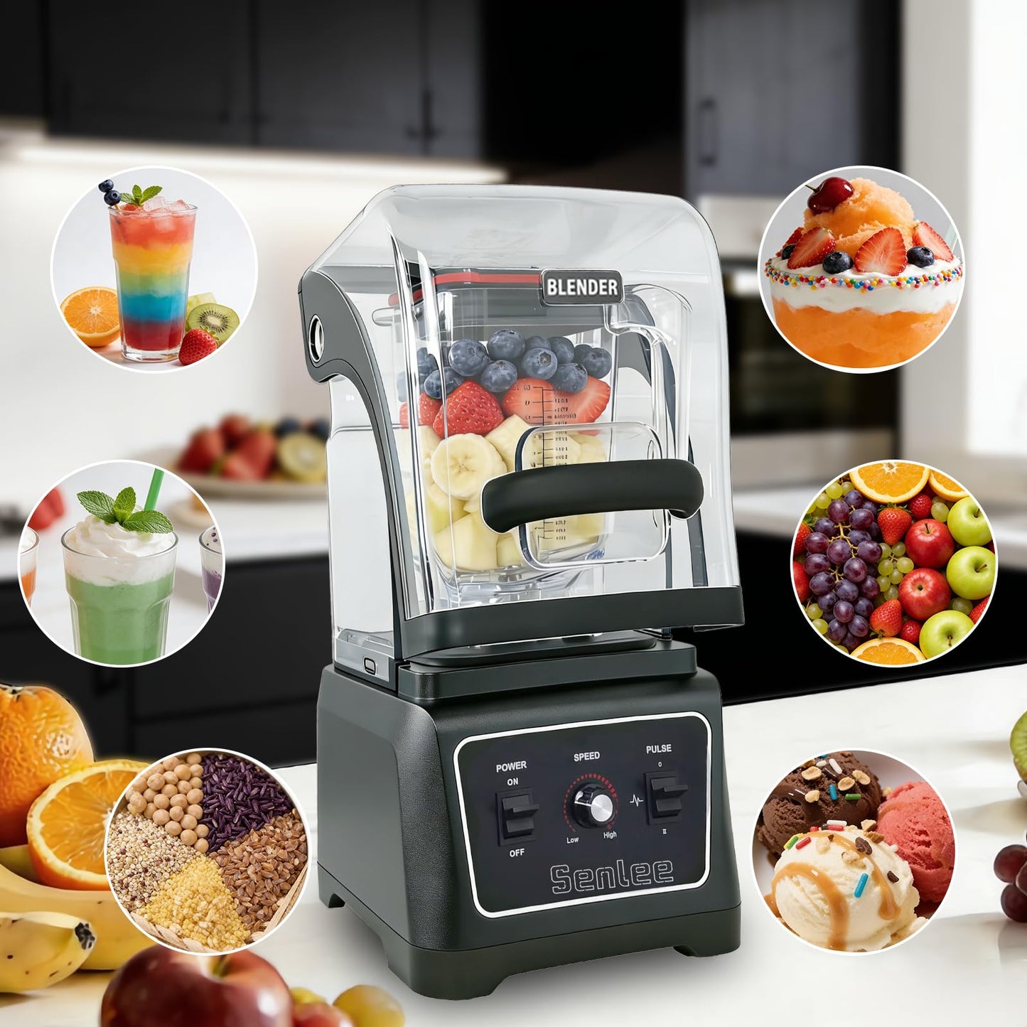 Commercial Blender Heavy Duty 2200W Professional-Grade with 64oz BPA-Free Jar, Quiet Shield, Self-Cleaning, 6-Leaf Stainless Steel Blade for Smoothies, Ice Crush, Shakes - Restaurant & Kitchen Use
