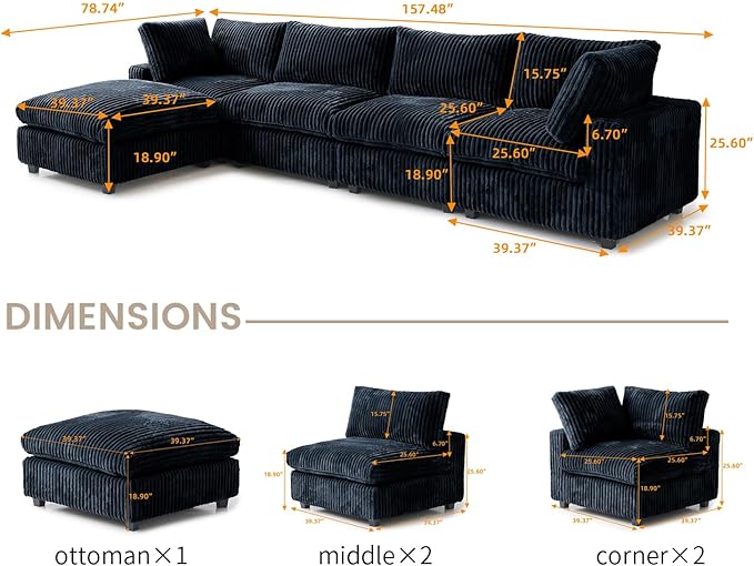 WJShome Cloud Modular Sectional Sofa,160" Oversized L Shaped Sofa Couch with Storage Ottoman,5 Seater Comfy Couch with Chaise Couches,Covers Washable&Replaceable (Black)