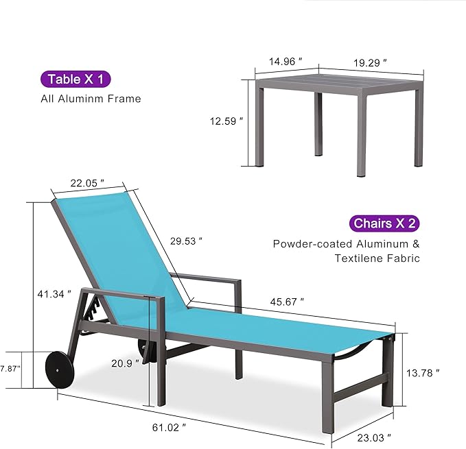 PURPLE LEAF Outdoor Chaise Lounge Set for 2 Aluminum Patio Chaise Lounger Chairs with Armrest and Wheels Adjustable Pool Chaise Lounge Chair for Beach Yard Poolside Table Included, Blue