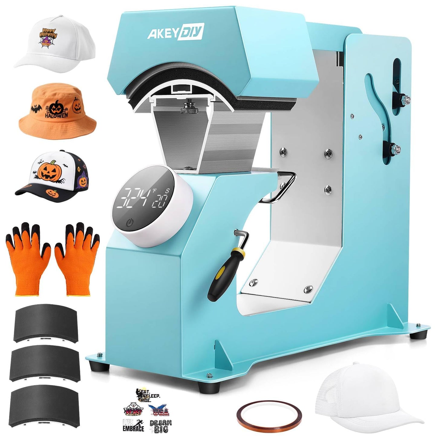AKEYDIY 3-in-1 Auto Cap Heat Press Machine, Hat Heat Press with 3pcs Replaceable Heating Pads, Automatic Release&Press Knob-Style Digital Control Panel, DIY Sublimation Caps T-Shirts Bags