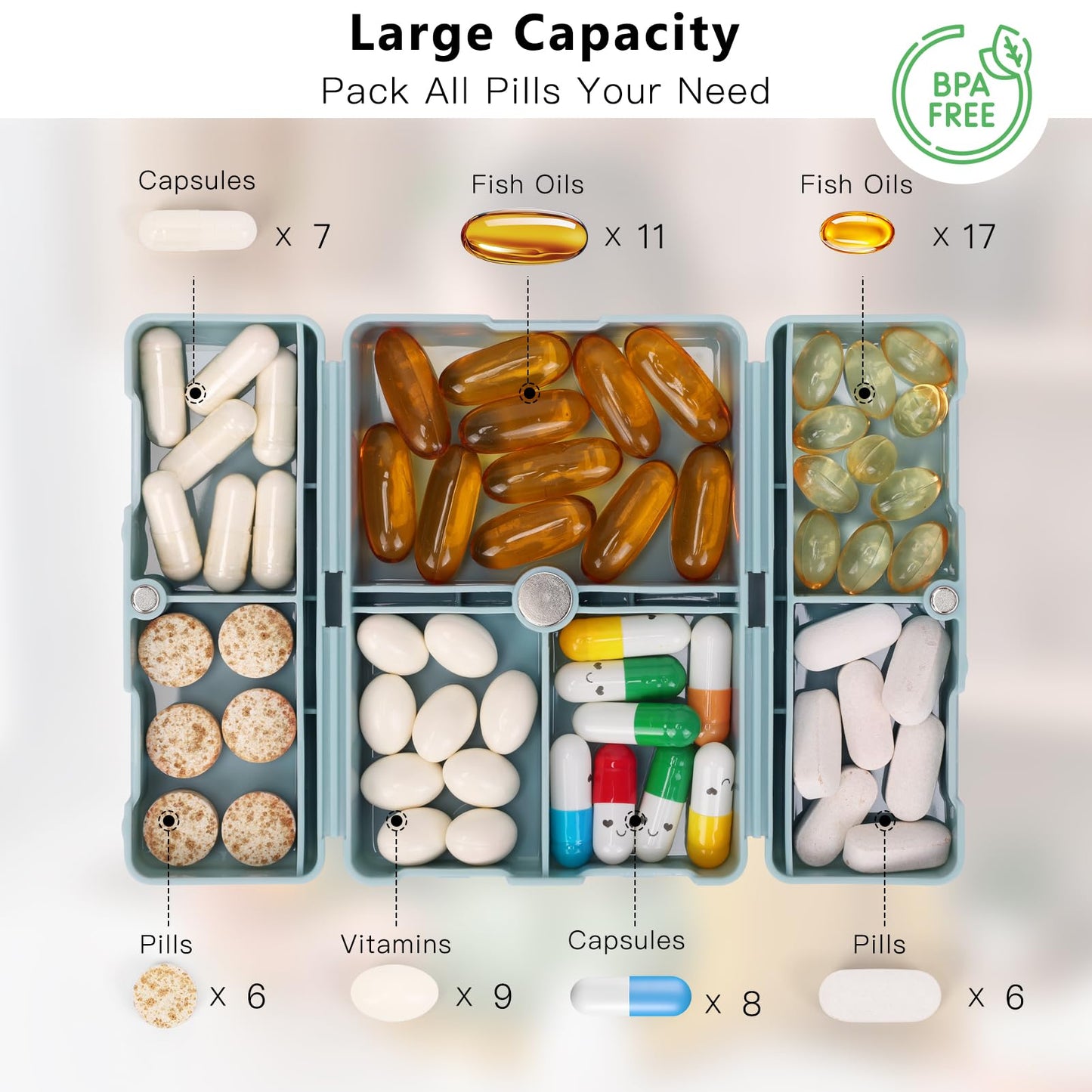 FYY Daily Pill Organizer,2 Pcs 7 Compartments Portable Pill Case Travel Pill Organizer,[Folding Design] Pill Box for Purse Pocket to Hold Vitamins,Cod Liver Oil,Supplements and Medication-Blue