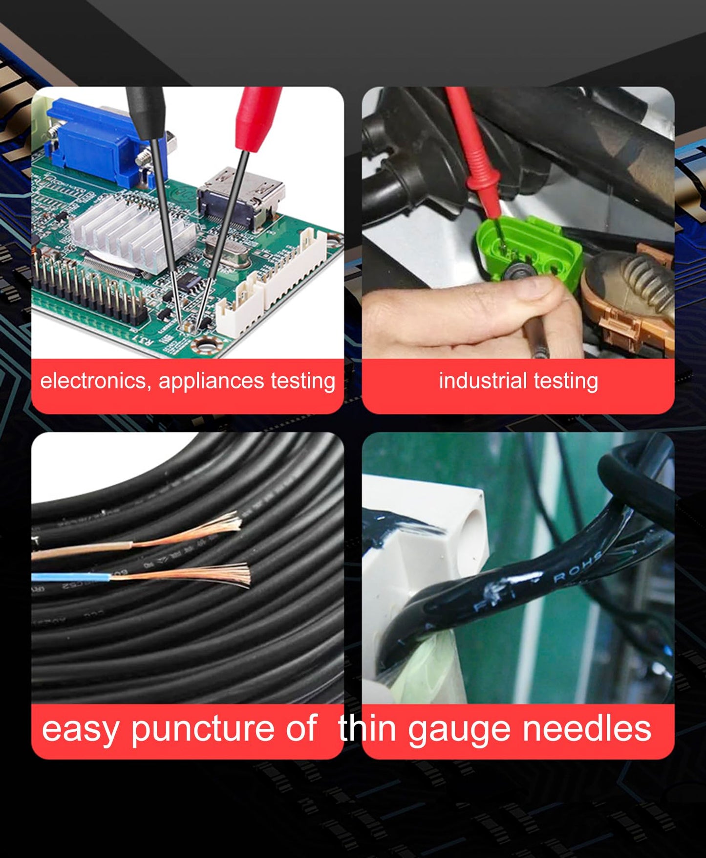 4 Pack 2mm Extended Needle Test Probes, 600V/10A Non-Destructive Insulation Wire Piercing Needle Stainless Steel Extra Thin Electrical Needle multimeter Probe for Fluke Meter Test Lead (Black-Red)