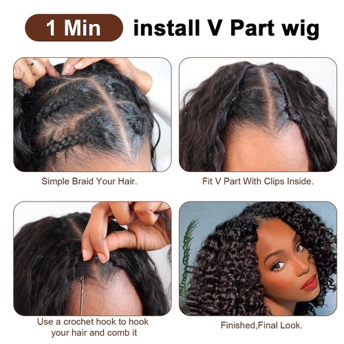 Wosama V Part Wig Human Hair curly Upgrade U Part Wig for Black Women Kinky curly Glueless Clip In Half Wig No Leave Out Wigs 180% Natural Color 20inch