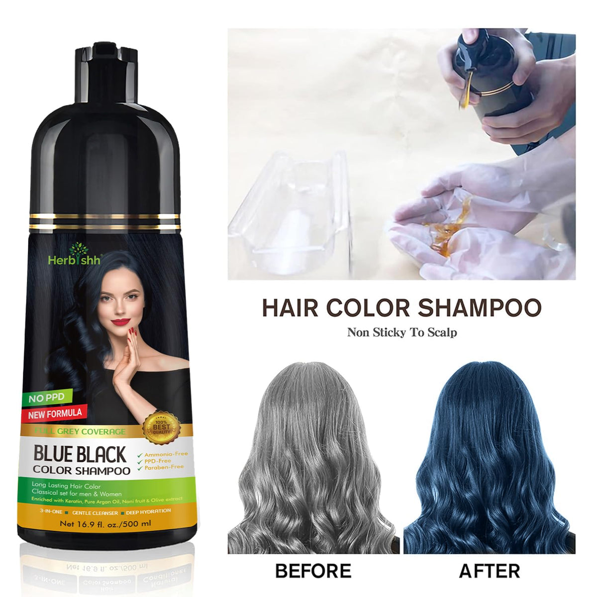 Herbishh Hair Color Shampoo - Magic Long-Lasting Hair Dye for Gray Hair Coloring in Minutes - 500 Ml - 3-In-1 Ammonia-Free Formu