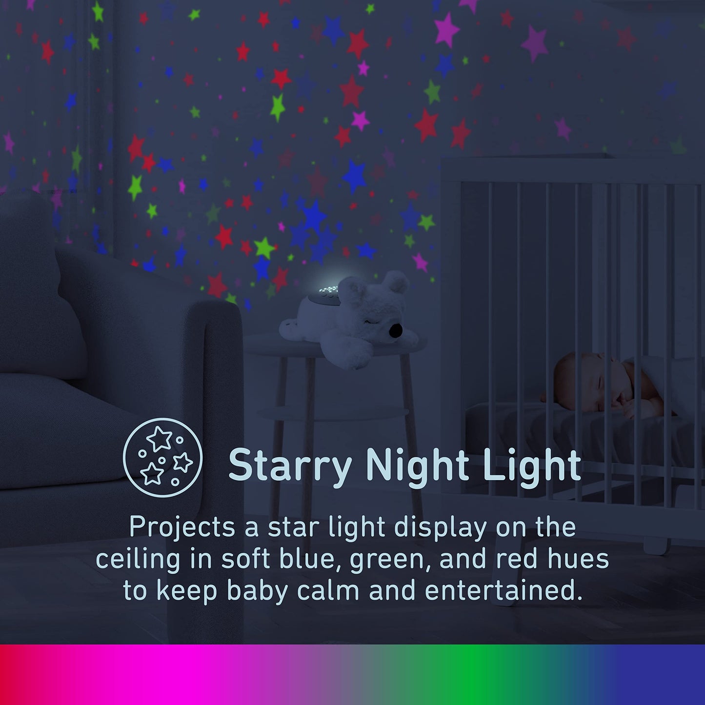 PureBaby Sound Sleepers Portable Sound Machine & Star Projector - Plush Sleep Aid for Baby and Toddlers with Soothing Night Light Display, 10 Lullabies, White Noise, and Heartbeat Sounds (Polar Bear)