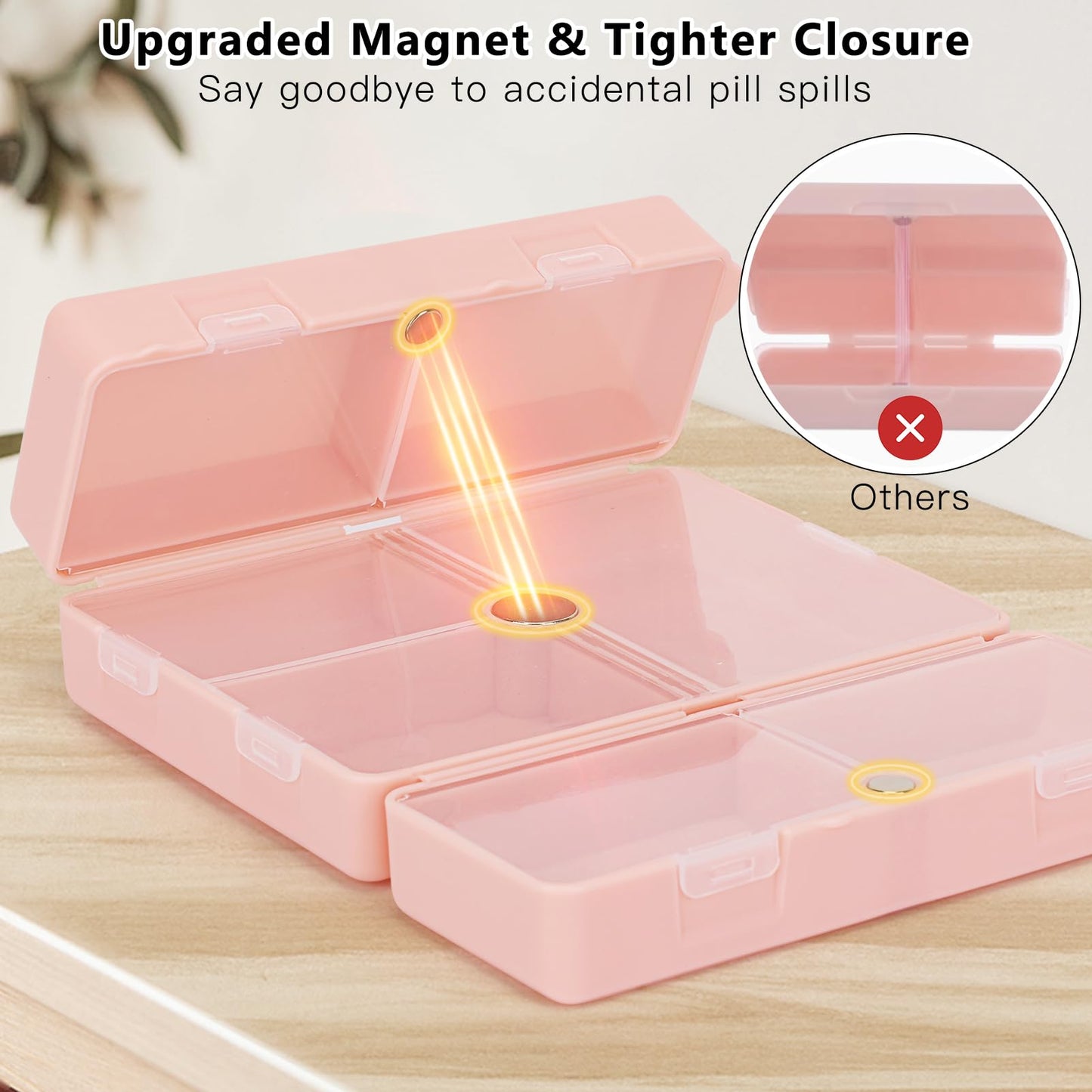 FYY 2 Pcs Daily Pill Organizer, 7 Compartments Portable Pill Case Travel Pill Organizer,[Folding Design] Pill Box for Purse Pocket to Hold Vitamins,Cod Liver Oil,Supplements and Medication-Navy+Pink