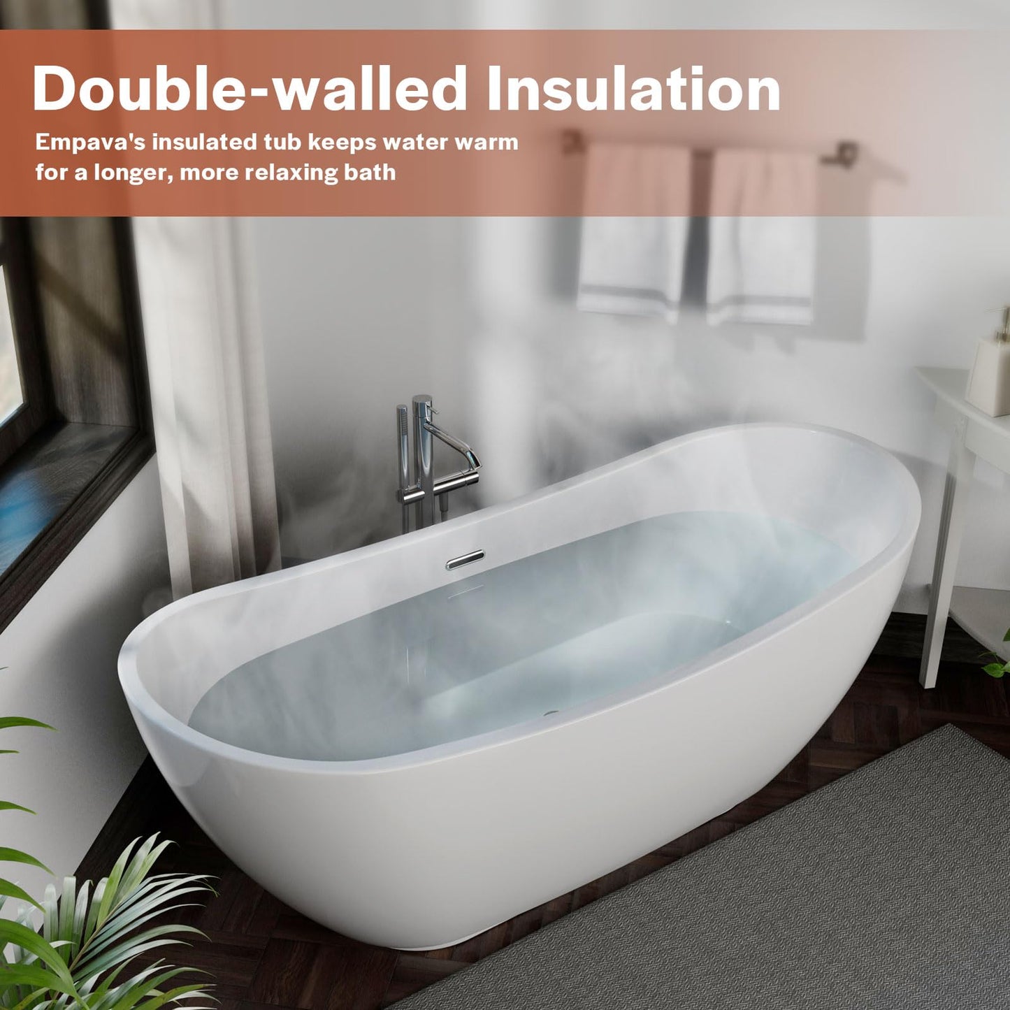 Empava 69" Freestanding Tub, Acrylic Contemporary Soaking White Tub with Drain and Overflow