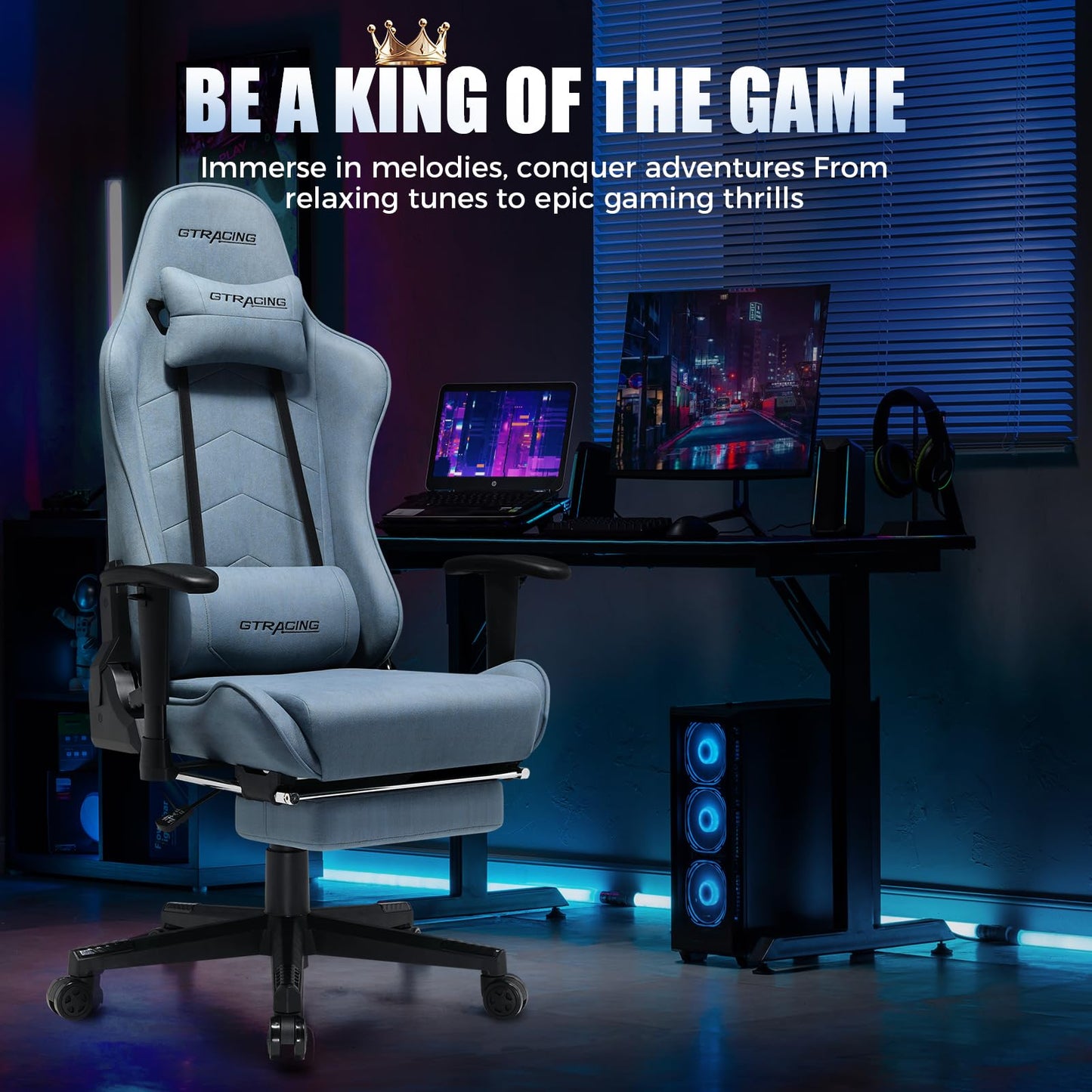 GTRACING Gaming Chair Breathable Fabric, Racing Style Computer Chair for Adult, Adjustable Reclining Backrest and Lumbar Support, Stylish High Back Chair for Gaming and Office (Light Blue)