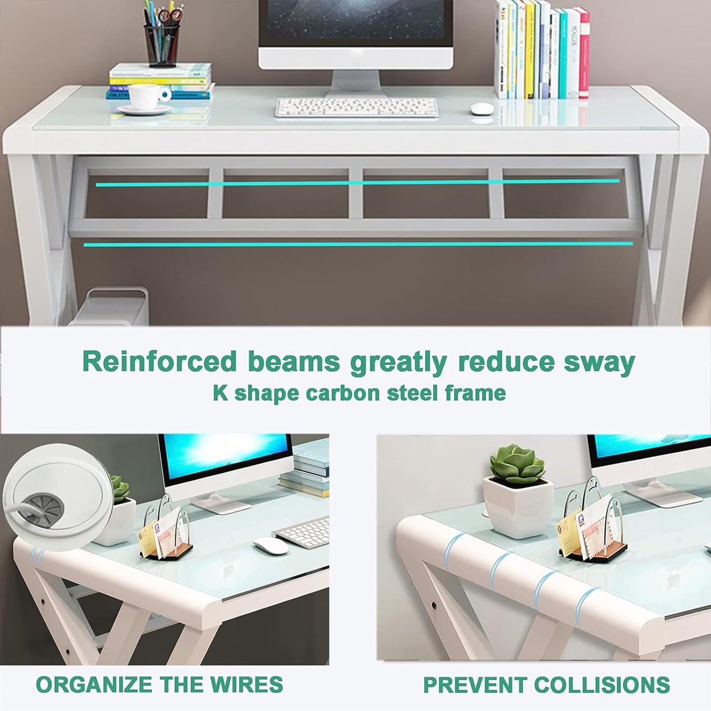 SAMERY Computer Desk & Gaming Desk, Home Office Desks 55.1 Inch- Modern Simple Writing Study White Glass Computer Desk Space-Saving Multipurpose Workstation with Metal Frame…