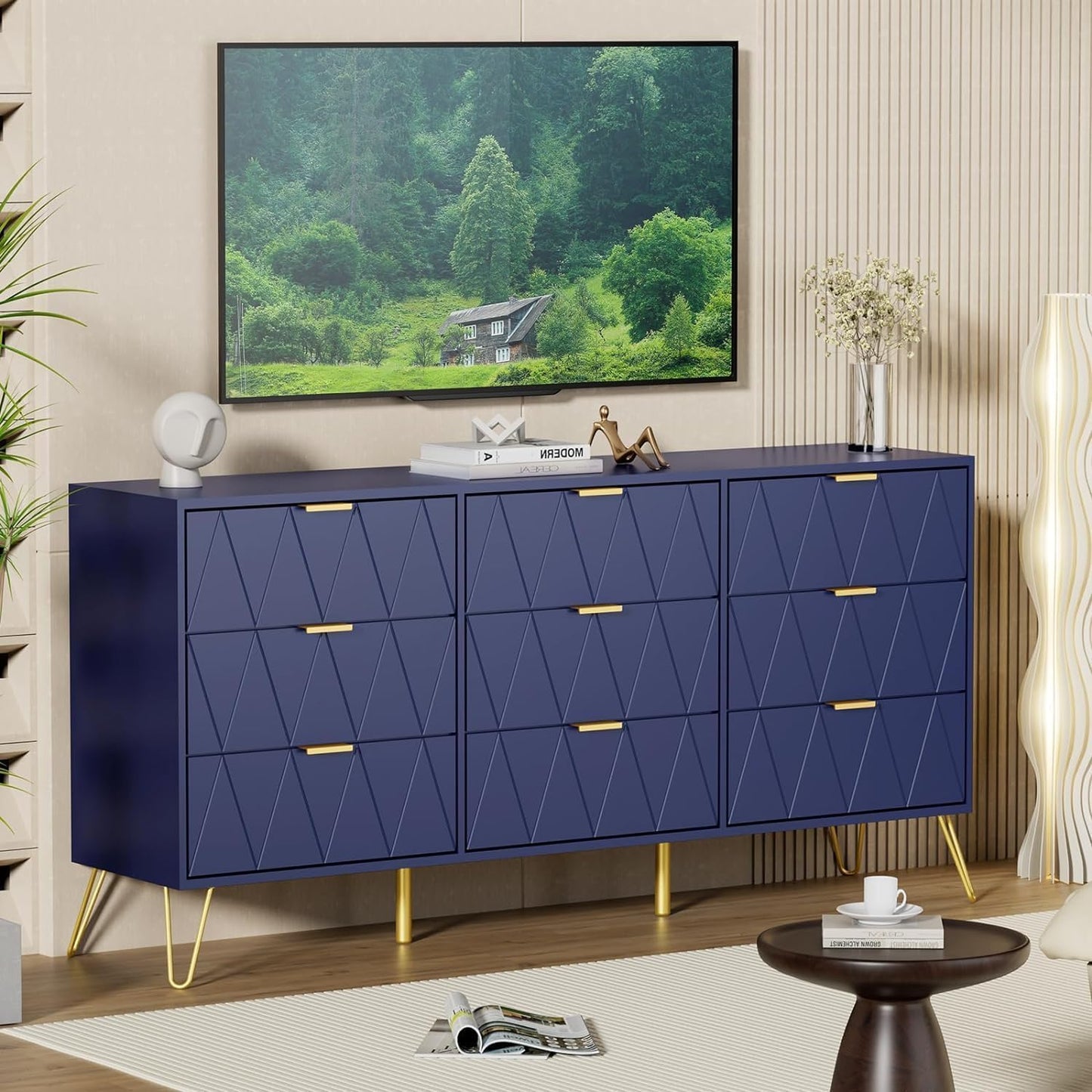 UEV Navy Blue Dresser for Bedroom,Modern 9 Drawer Chest with Gold Accents,Long Storage Dresser for TV Stand & Closet,Large Chest of Drawers for Bedroom