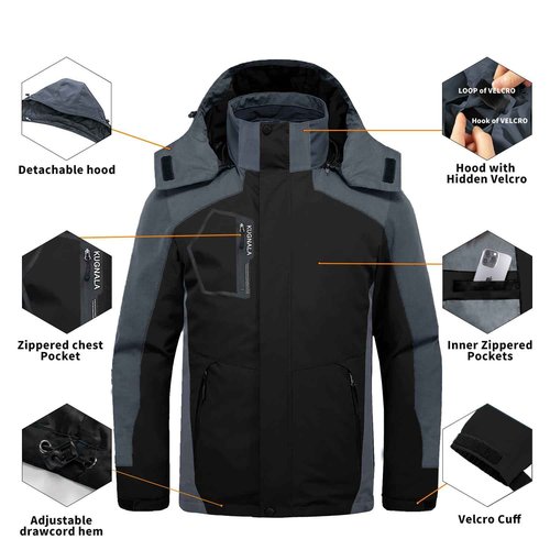 Kugnala Mens Winter Skiing Jacket 3 in 1 Waterproof Warm Snow Fleece Lining Coat Hooded Windproof Jacket Black/Grey XL