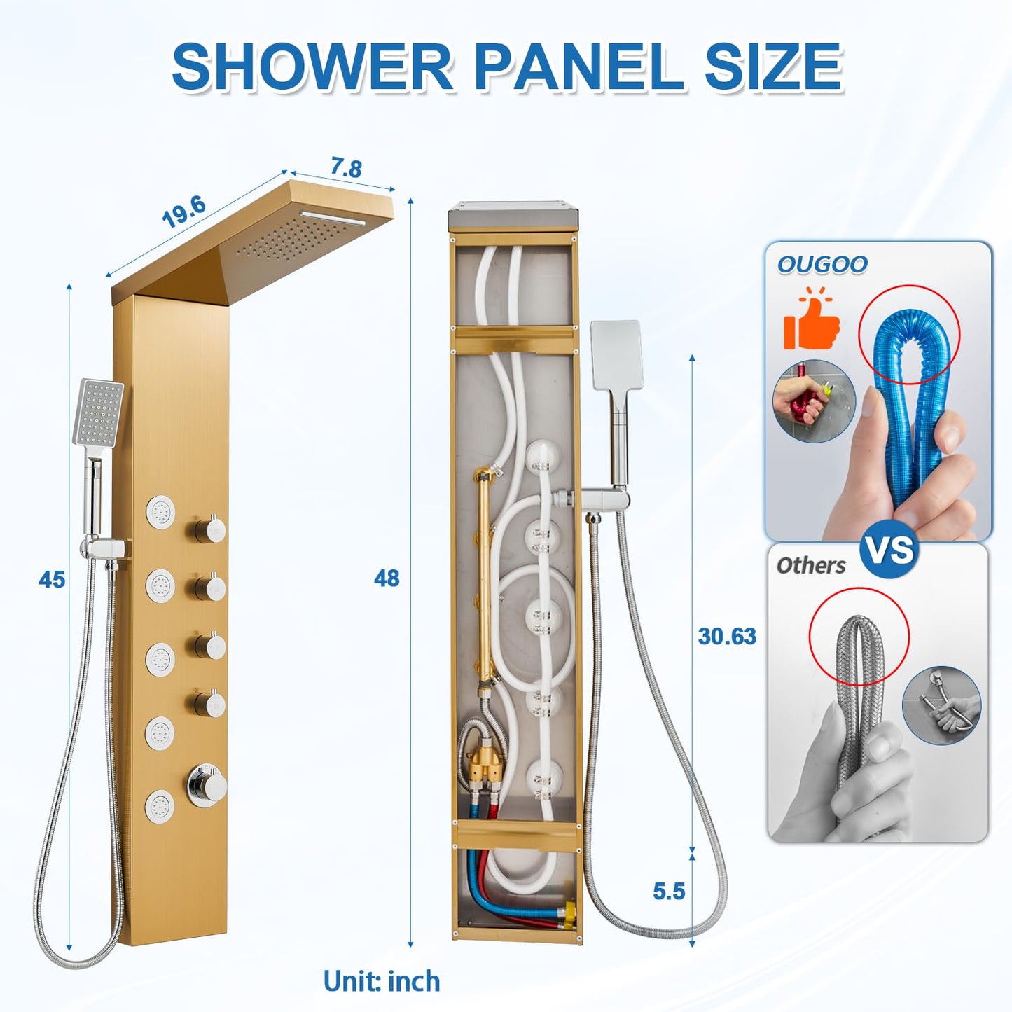 OUGOO Shower Panel Tower System with Rainfall & Waterfall Shower, 5 Body Jets, 3-Function Handheld, 304 Stainless Steel Shower Tower Column, Gold