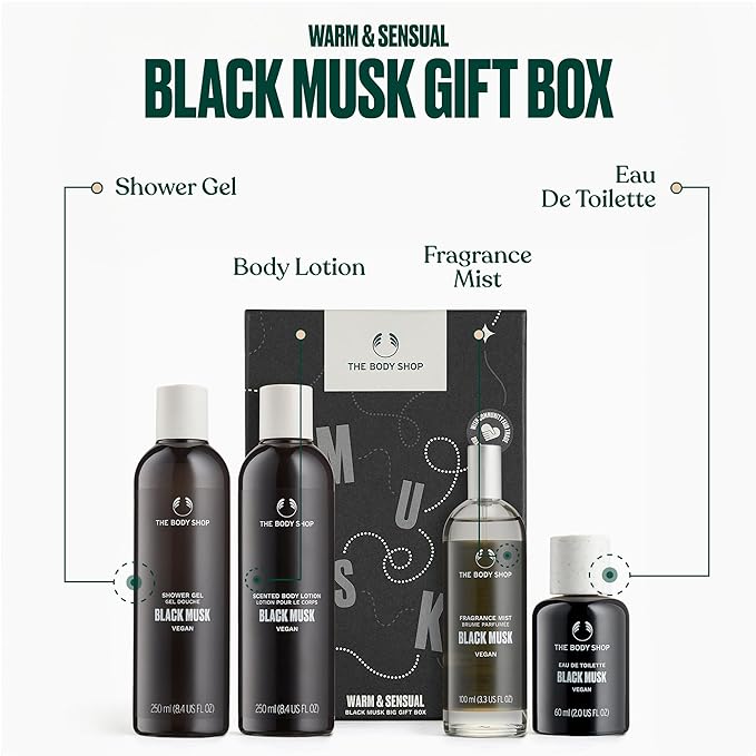 The Body Shop Black Musk Gift Box- 4 Piece Set, Includes Shower Gel, Body Lotion, Fragrance Mist and Eau De Toilette, Vegan