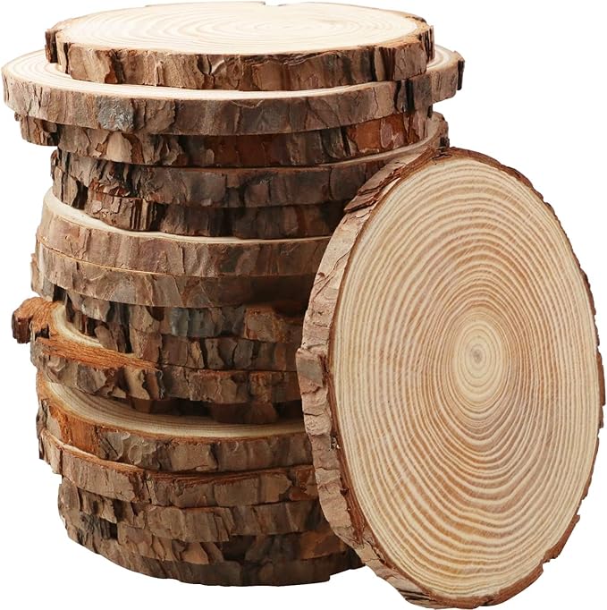 FSWCCK 17 PCS Unfinished Wood Slices for Centerpieces - 5.1-5.5 Inch,Round Natural Discs with Tree Bark, Wooden Cookies Ci...