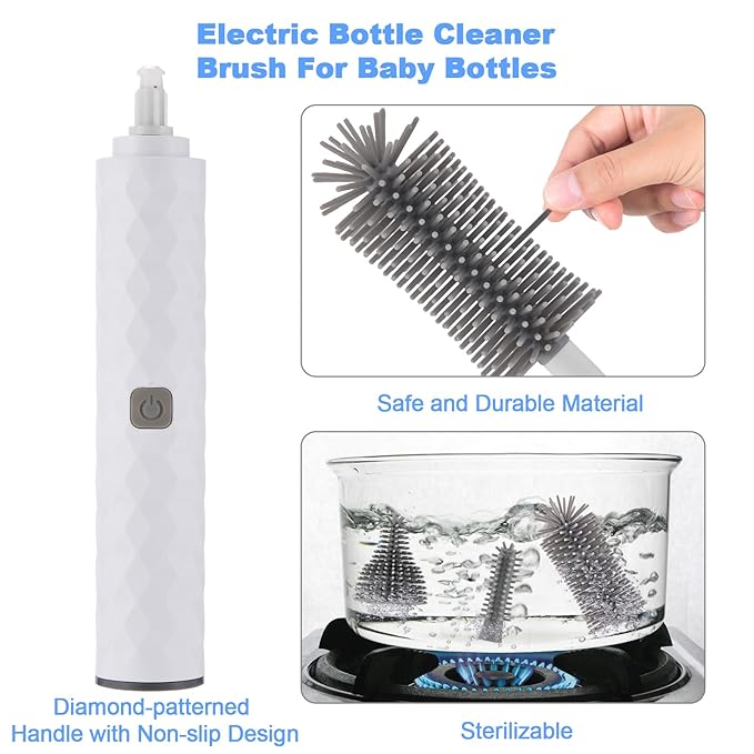 Rechargeable Electric Bottle Brush Cleaner Set with 3 Piece Silicone Baby Bottle Brush Cleaner and Straw Cleaner Brush,BPA Free,Waterproof,Perfect Baby Registry Gift,White