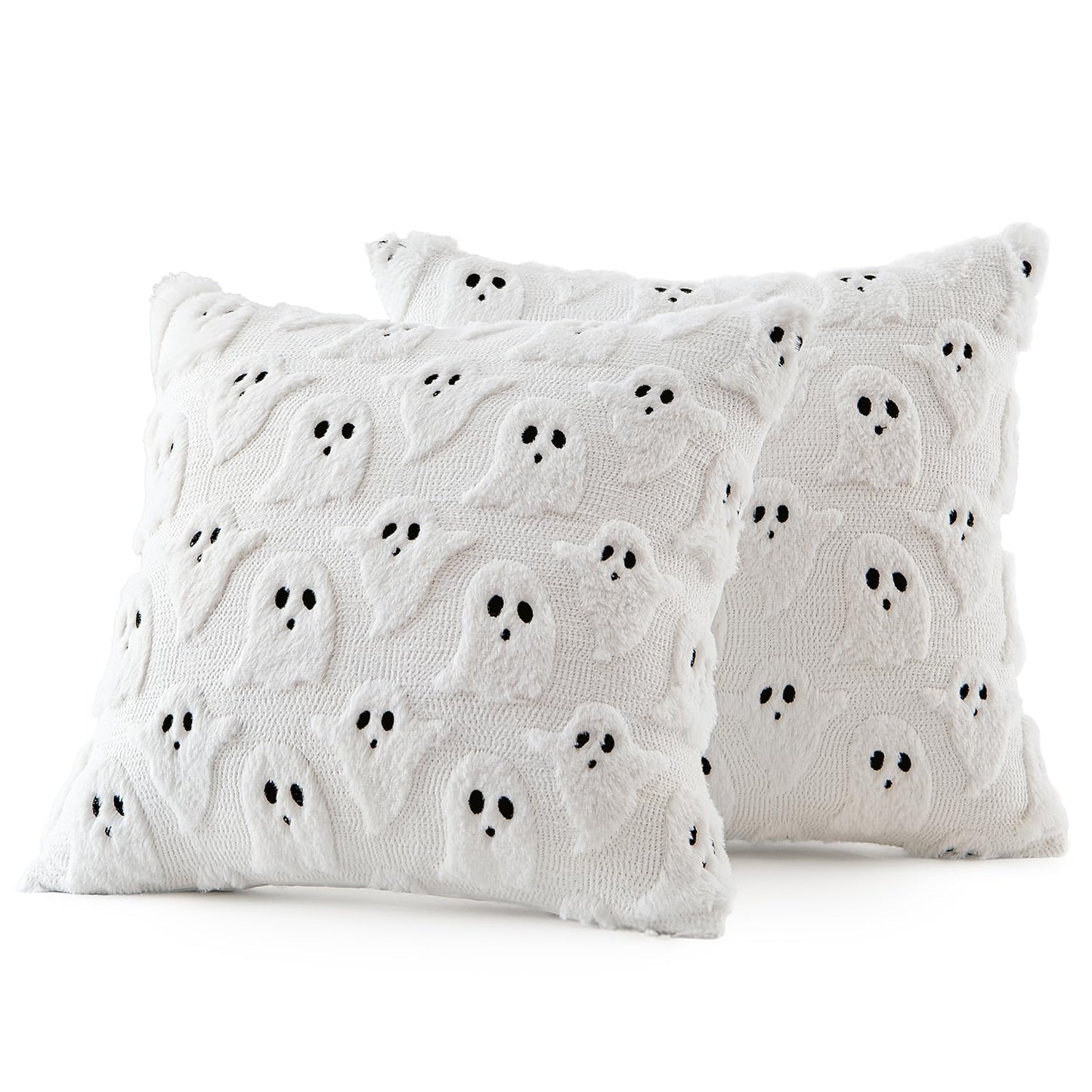 MIULEE Halloween Pillow Covers Cute Ghost Spooky Throw Pillows Set of 2 Soft Plush Faux Fur Decorative Cushion Covers for Couch Sofa Bed Porch Living Room Halloween Decor 18x18 inch White