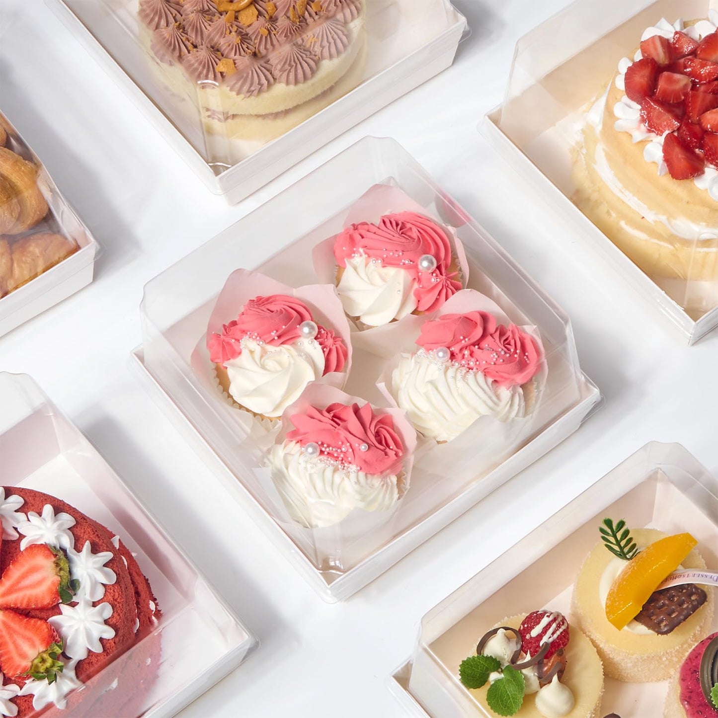 ZORRITA 7 x 7 x 4 Inches Paper Cake Boxes with Clear Lids, 20 Pack Disposable Charcuterie Boxes Square Food Containers for 4-6 Inch Cake, Dessert, Pie, Cupcake, Bakery (White)