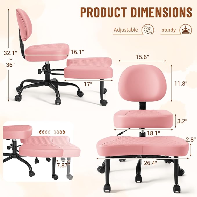 Homall Ergonomic Cross Legged Office Desk Chair with Wheels, 360° Swivel and Adjustable Height for Meditation and ADHD,Criss Cross Kneeling Chair with Lumbar Support (Leather, Pink)
