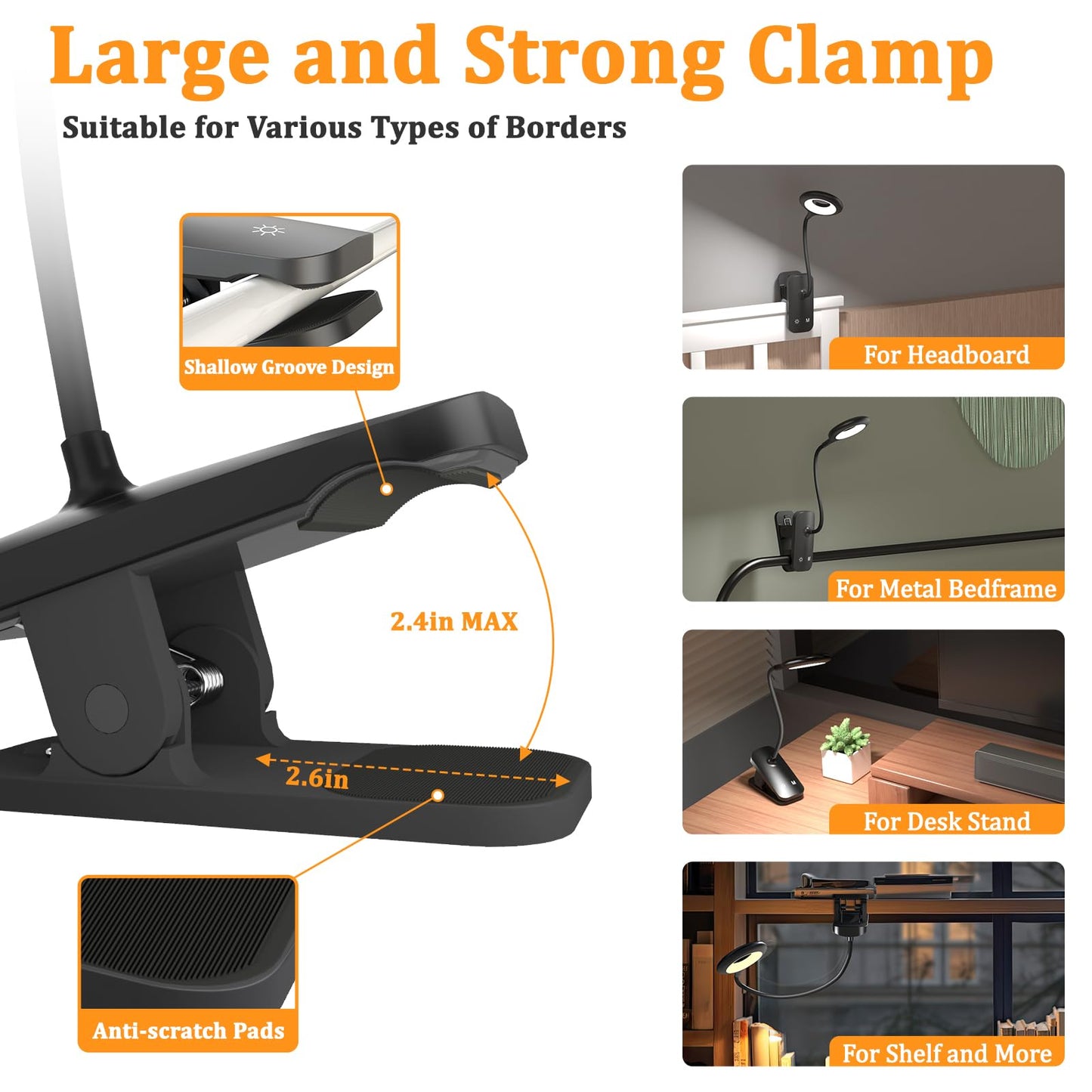 HECDSTLY 2 Pack Clip on Reading Light for Bed Headboard, Battery Rechargeable Large Clamp Bed Lamp - 5 Colors 5 Brightness, Flexible Arm Book Light at Night for Kids Bunk Desk Metal Bed Frame