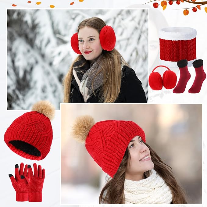 SATINIOR 5 Pcs Winter Hat Scarf Gloves Set Fleece Warm Lined Knit Beanie Hat Touch Screen Earmuff Gloves Warmer for Women(Red,Stylish Style)