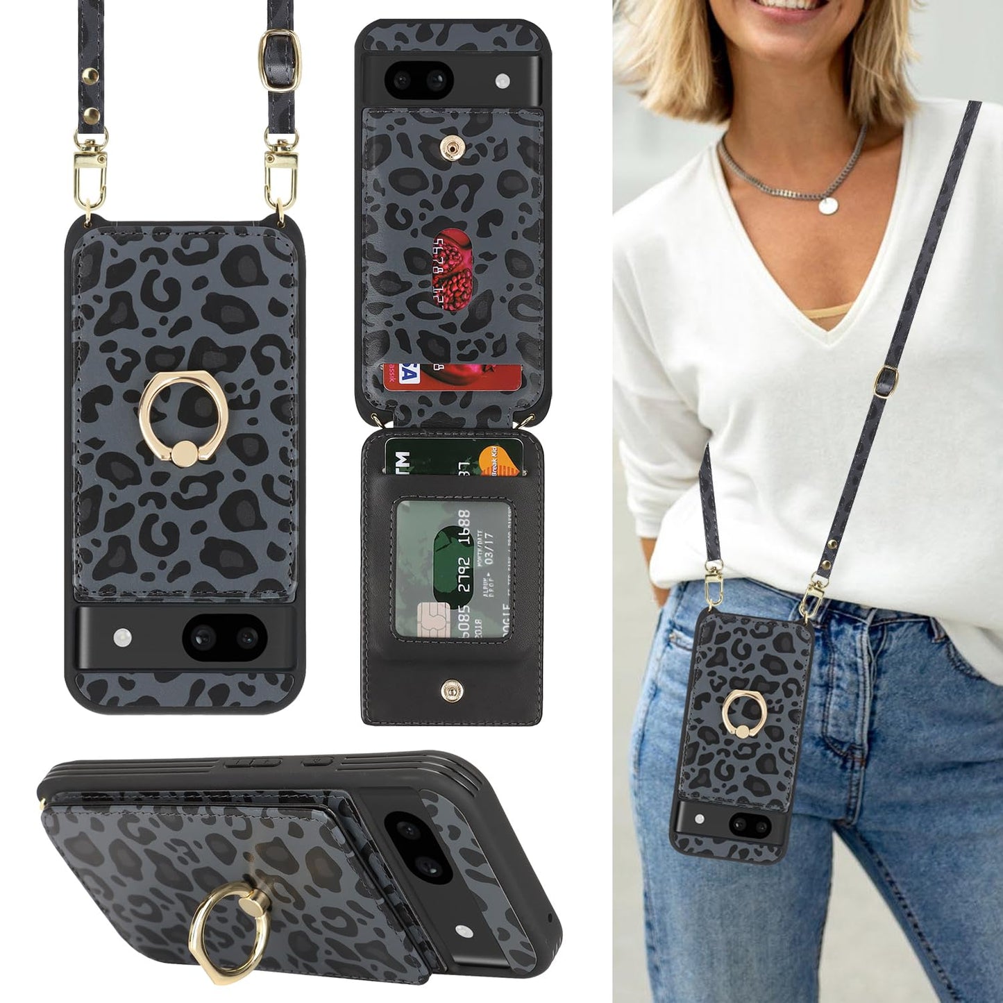Lipvina For Google Pixel 8A Case With Card Holder And Strap For Women,Crossbody Lanyard,Ring Stand,Snap Clasp,Cute Phone Wallet