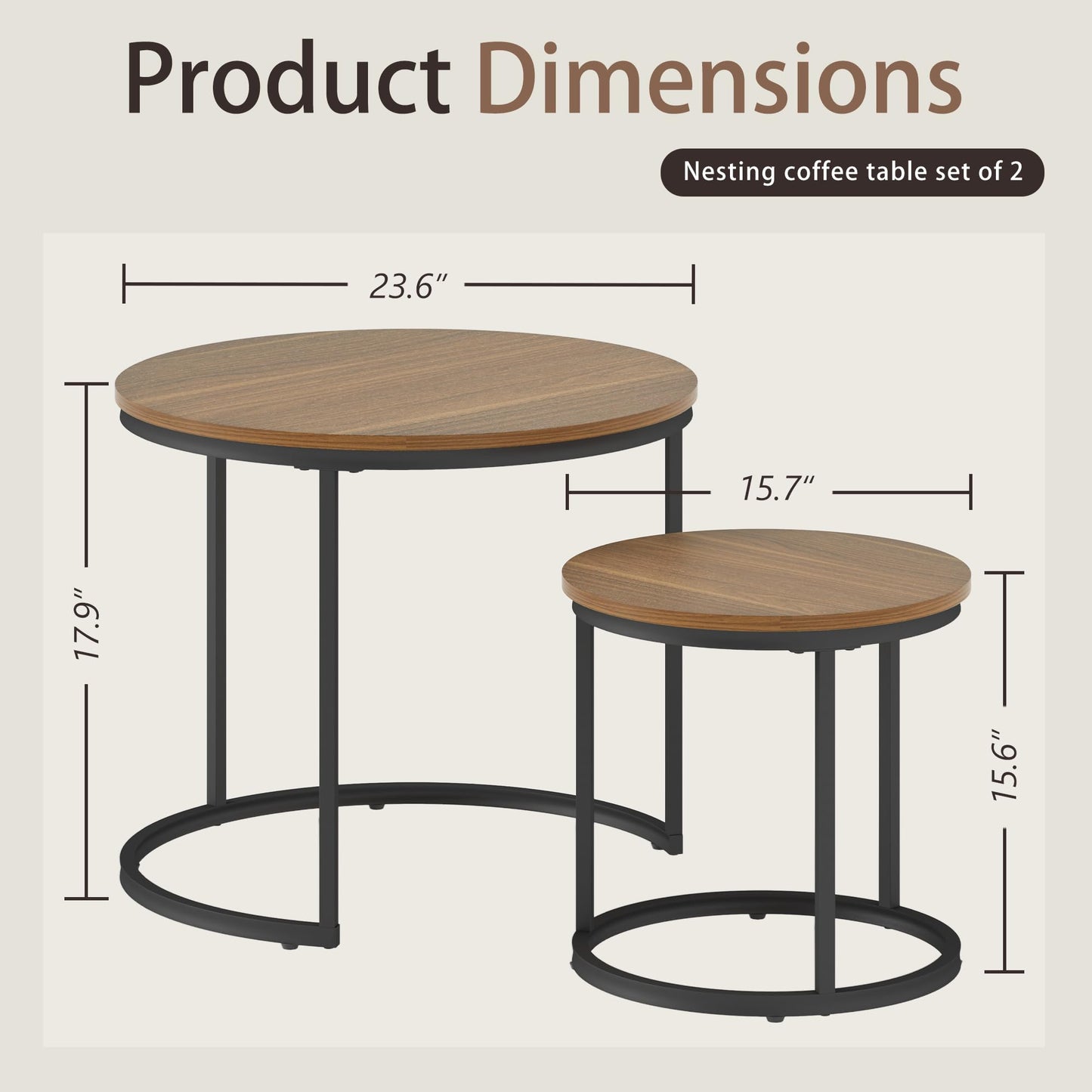 Otterease Nesting Tables Set of 2, Round Coffee Table, Small Nesting Coffee Table with Adjustable Non-Slip Fee, Wood Grain Top Nesting Tables for Living Room, Bedroom (Wood Grain Brown)
