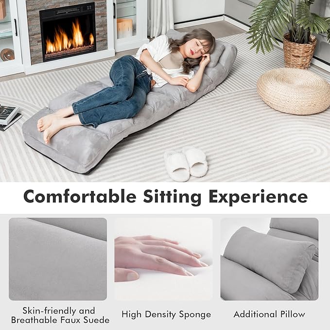 KOMFOTT Foldable Floor Lazy Sofa with Pillow, Indoor Chaise Lounger with 5 Adjustable Positions, Adjustable Back Support & Footrest, Video Gaming Chair for Home, Office, Reading, Watching (Grey)