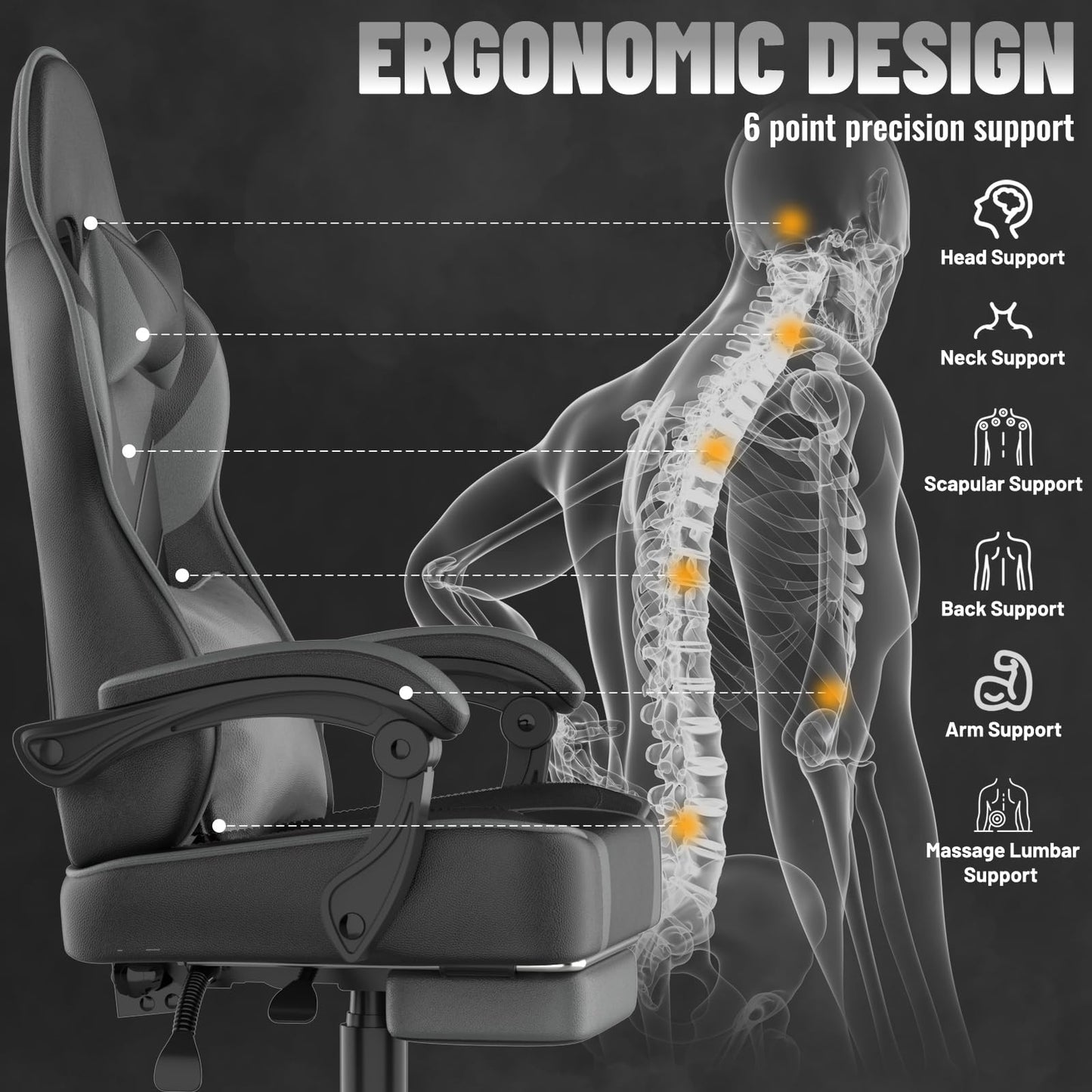 Soontrans Grey Gaming Chair with Large Mouse Pad, Ergonomic Computer Office Chair with Wider Seat Cushion, Reclining PU Leather Gamer Chair with Footrest for Adults, High Back Video Game Chair
