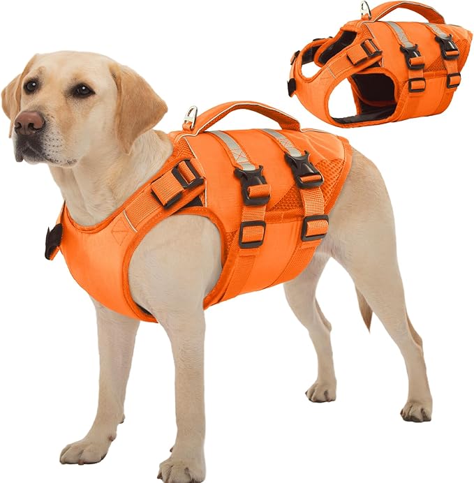 Kuoser Dog Life Jacket, High Flotation Dog Life Vest for Swimming Boating, Adjustable Ripstop Pet Lifesaver for Small Medi...