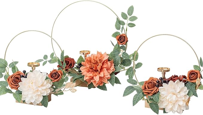 Ling's moment Candle Holder Hoop Terracotta Wreath Floral Centerpieces for Sweetheart Table, Head Table, Ceremony Receptio...
