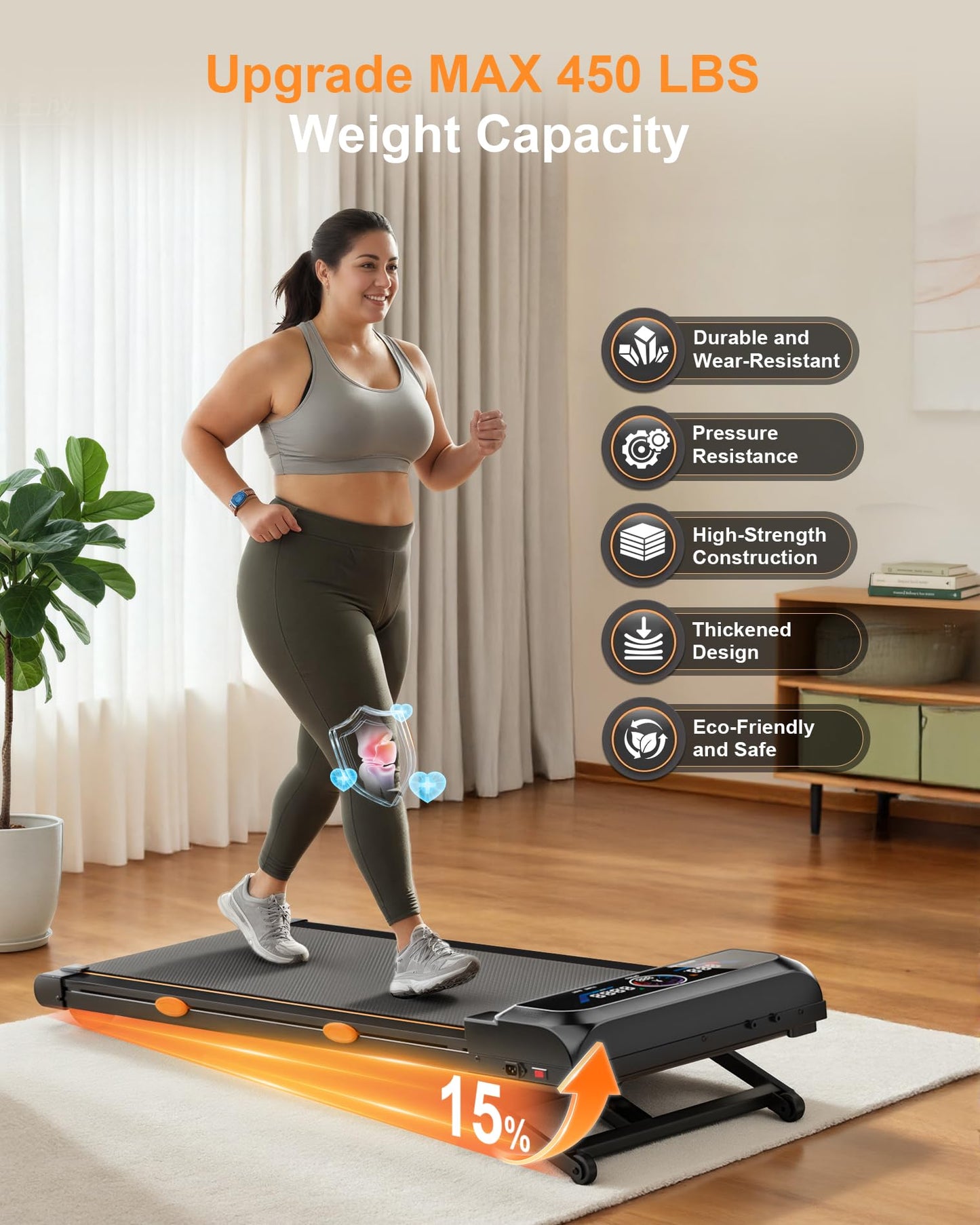 Walking Pad Treadmill with 15% Auto Incline 12-Level, Under Desk Treadmill for Home 450 lbs Capacity, Walking Pad with Incline, RGB UI Screen, Bluetooth Speaker & APP, 3.5HP Quiet Desk Treadmills