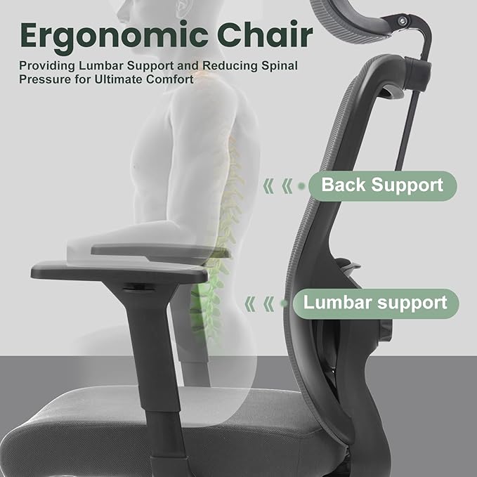 ZYFFHYLAI Ergonomic Office Chair - 350LB Mesh Office Chair with Adjustable Lumbar, High Back Computer Desk Chair with 3D Armrest, Comfy Chair with 2D Headrest & Tilt Function for Study, Work, Gaming