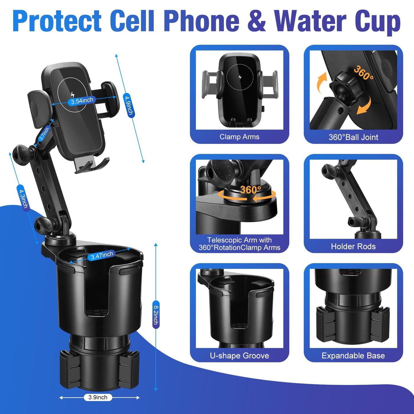 This Hill Cup Holder Phone Charger, 15W Fast Charging Auto Clamping, Phone Holder For Cup Holder Charger With Adjustable Base &
