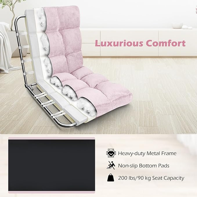 COSTWAY Floor Chair, Video Gaming Chairs with Back Support, Adjustable 14-Position, Alloy Steel Frame, Soft Coral Fleece, Lazy Sofa Lounge for Reading Living Room Recliner for Adults Kids (Light Pink)