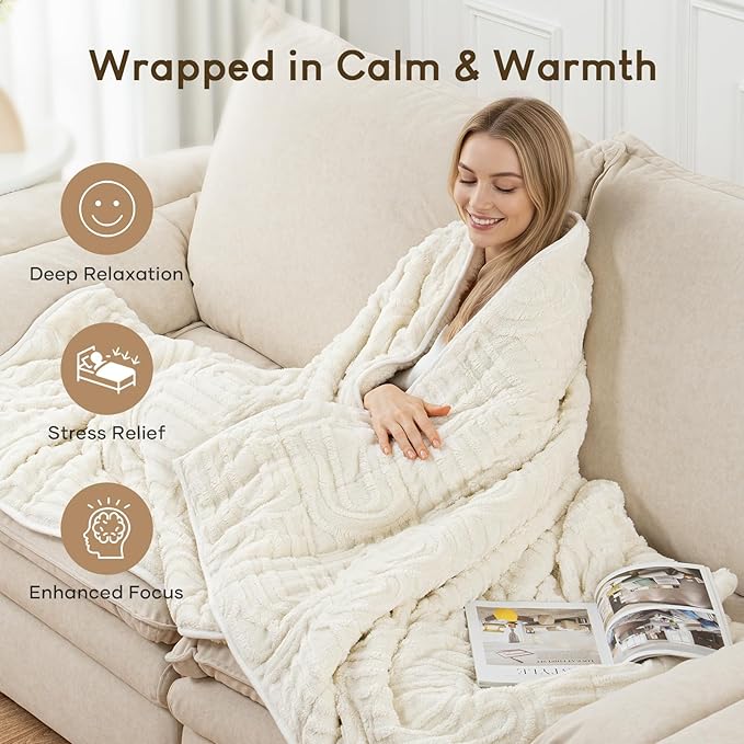 Cottonblue Weighted Blanket for Adults Queen Size 15 lbs, Soft Fluffy Sherpa Fleece Jacquard Weighted Blankets Throw 60" x 80" for Sleep Relax, Fuzzy Warm Arch Heavy Blanket for Bed Couch, Cream White