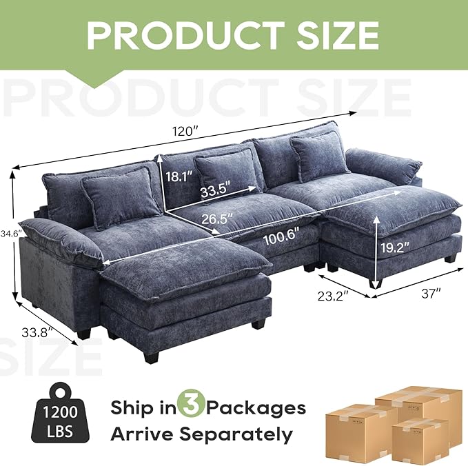 Oprisen 120" Modular Sectional Sofa, Comfy Cloud Couch Sectional Sofa with Ottoman, Chenille Sofa Sleeper Deep Seat Sofa with Throw Pillows for Living Room (Blue, 120"- U Shape)