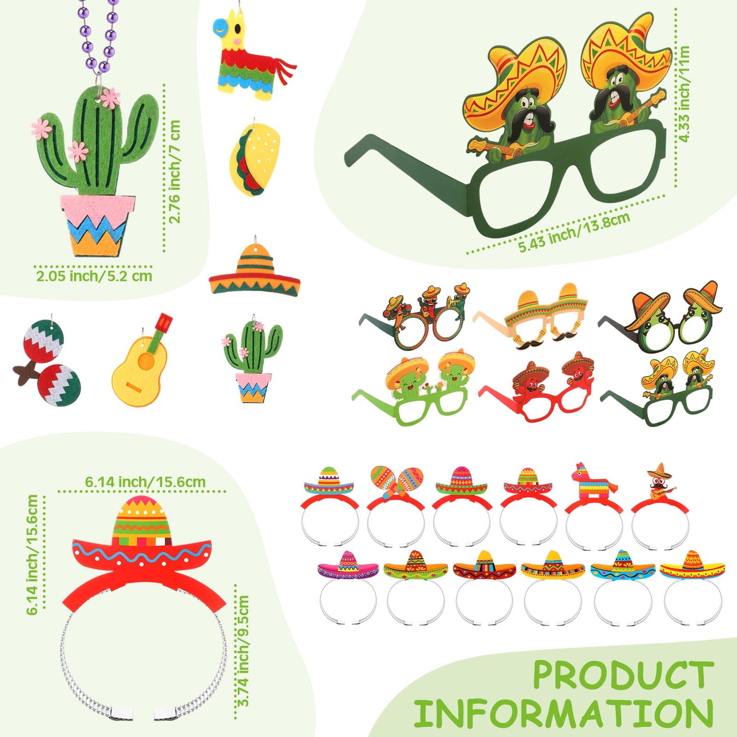 Hotop 36 Pcs Fiesta Party Decorations Sombrero Paper Hat Headbands Bead Necklaces Eyeglasses for Cinco De Mayo Mexican Party Supplies