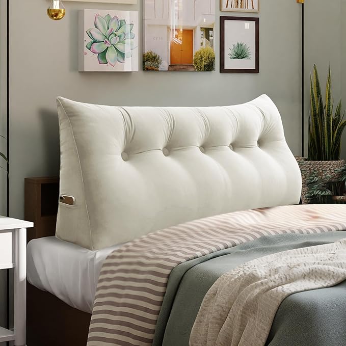 Bed Wedge Headboard Pillow - College Dorm Reading Pillow Back Support While Sitting in Bed - Ergonomic Lumbar Pillow Body Positioning Bed Pillow - Velvet Beige 59IN
